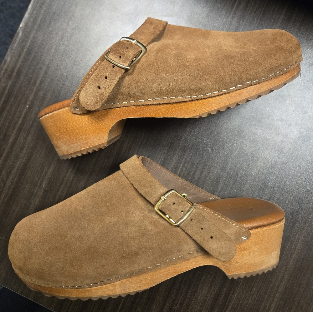 Anthropologie Suede Clog Mules in Cognac Tan